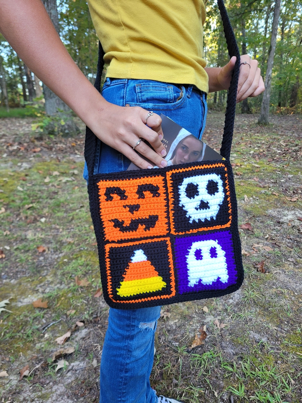 Handmade Halloween Crochet Crossbody Bag - Orange, Black, Purple, White